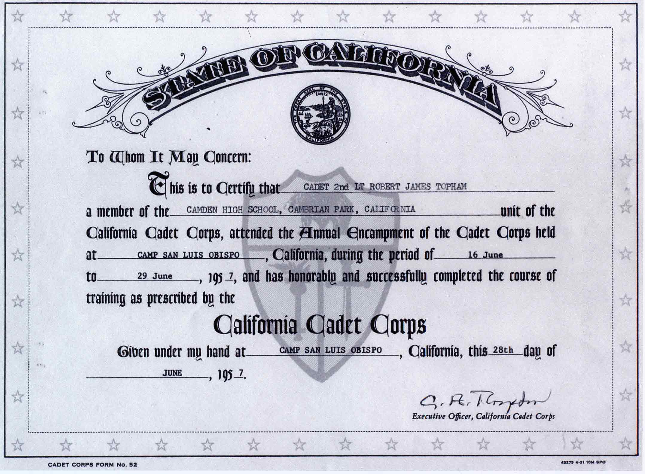 Summer Camp Completion Certificate 29 June 1957