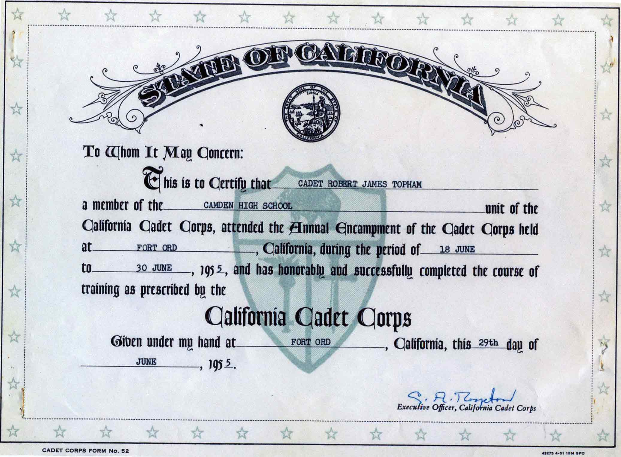 Summer Camp Completion Certificate 30 June 1955