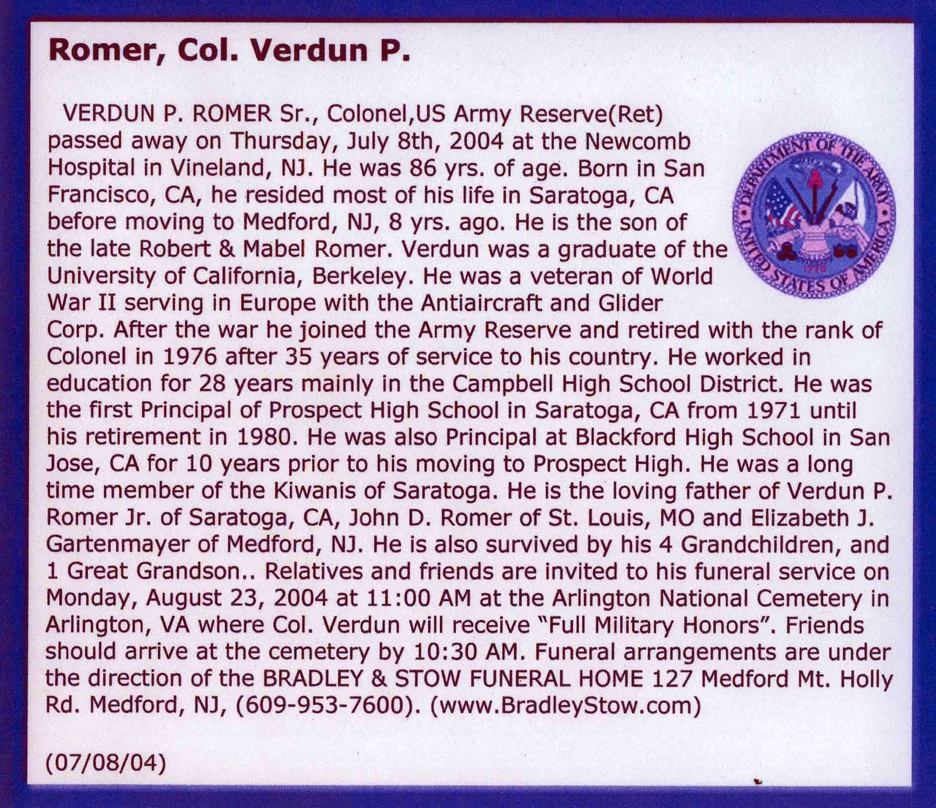 Picture of the obituary for Colonel Verdun P. Romer
